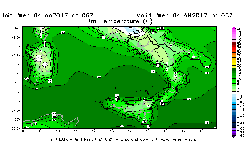 Mappa di analisi GFS - Temperatura a 2 metri dal suolo [°C] in Sud-Italia
									del 04/01/2017 06 <!--googleoff: index-->UTC<!--googleon: index-->
