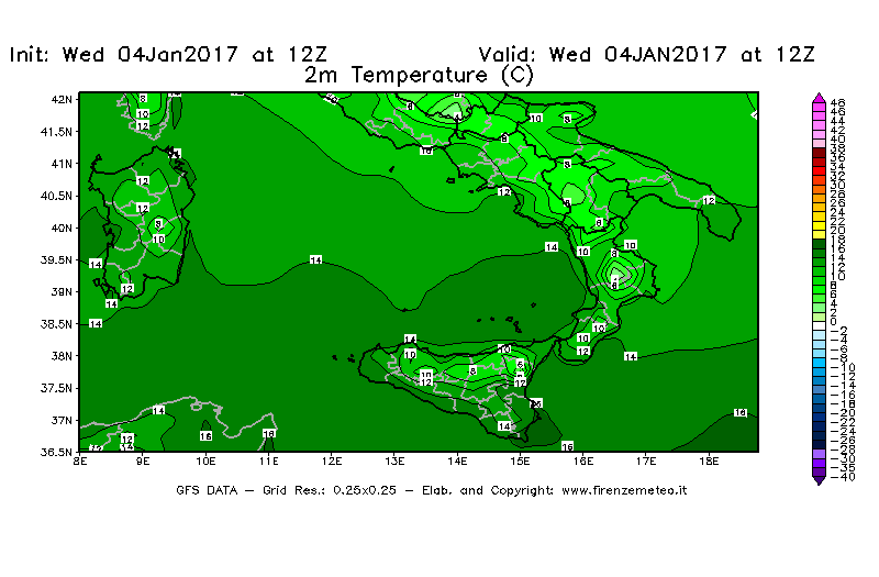 Mappa di analisi GFS - Temperatura a 2 metri dal suolo [°C] in Sud-Italia
									del 04/01/2017 12 <!--googleoff: index-->UTC<!--googleon: index-->