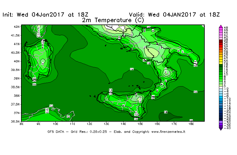 Mappa di analisi GFS - Temperatura a 2 metri dal suolo [°C] in Sud-Italia
									del 04/01/2017 18 <!--googleoff: index-->UTC<!--googleon: index-->