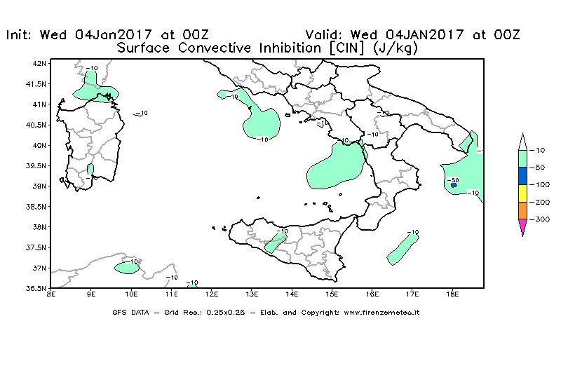 Mappa di analisi GFS - CIN [J/kg] in Sud-Italia
							del 04/01/2017 00 <!--googleoff: index-->UTC<!--googleon: index-->