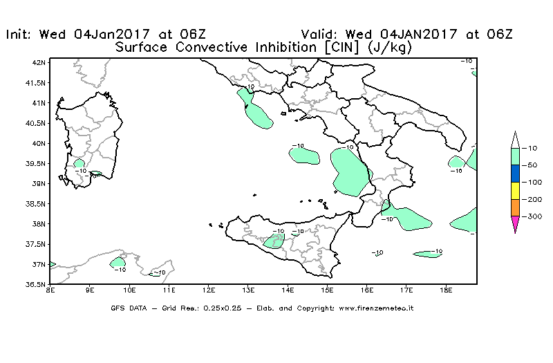 Mappa di analisi GFS - CIN [J/kg] in Sud-Italia
							del 04/01/2017 06 <!--googleoff: index-->UTC<!--googleon: index-->