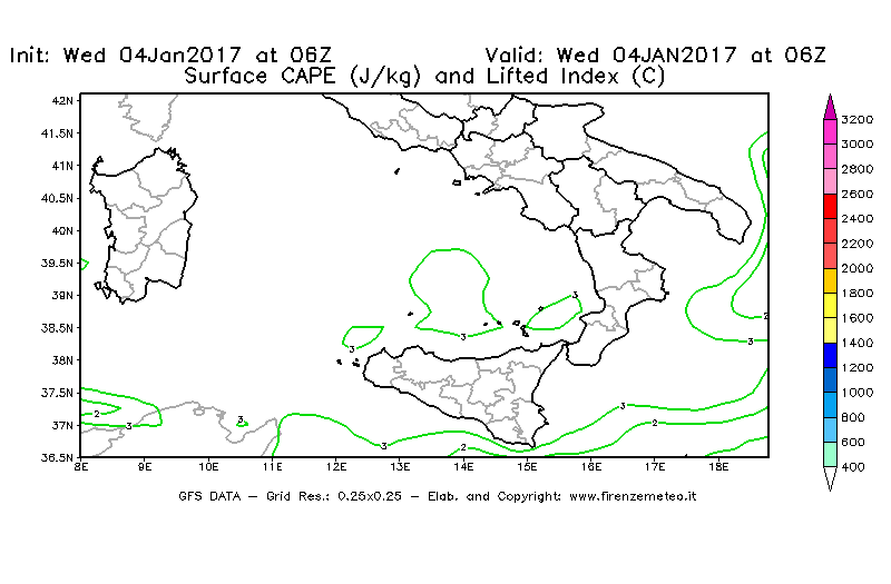 Mappa di analisi GFS - CAPE [J/kg] e Lifted Index [°C] in Sud-Italia
							del 04/01/2017 06 <!--googleoff: index-->UTC<!--googleon: index-->