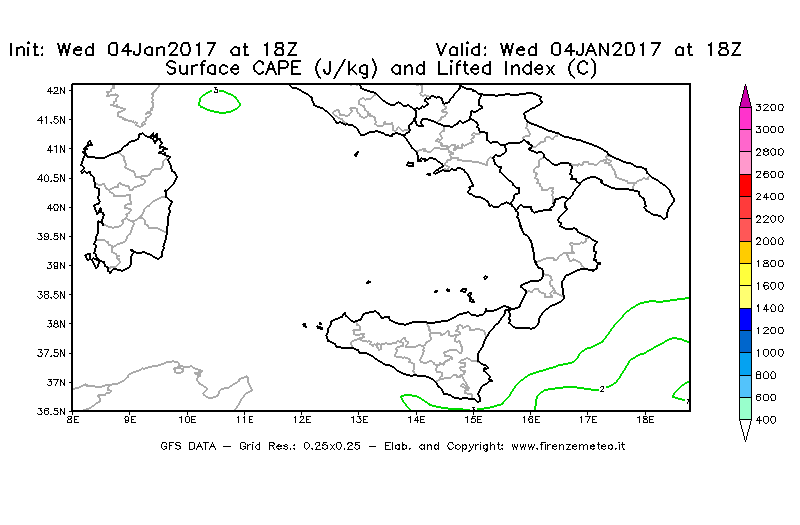 Mappa di analisi GFS - CAPE [J/kg] e Lifted Index [°C] in Sud-Italia
							del 04/01/2017 18 <!--googleoff: index-->UTC<!--googleon: index-->