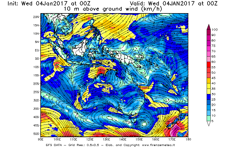 Mappa di analisi GFS - Velocità del vento a 10 metri dal suolo [km/h] in Oceania
									del 04/01/2017 00 <!--googleoff: index-->UTC<!--googleon: index-->