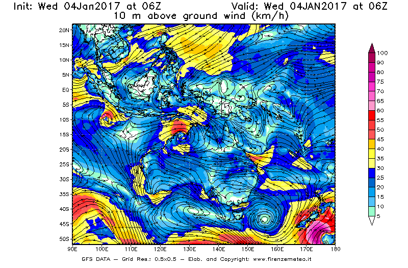 Mappa di analisi GFS - Velocità del vento a 10 metri dal suolo [km/h] in Oceania
							del 04/01/2017 06 <!--googleoff: index-->UTC<!--googleon: index-->