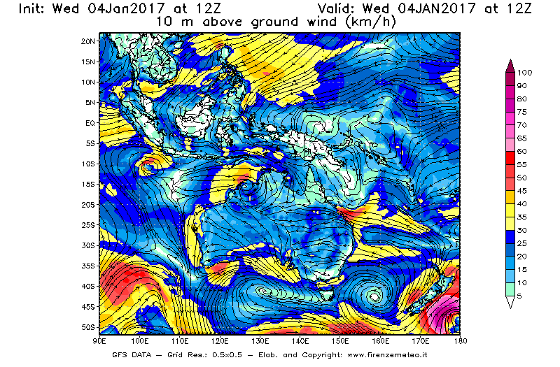 Mappa di analisi GFS - Velocità del vento a 10 metri dal suolo [km/h] in Oceania
							del 04/01/2017 12 <!--googleoff: index-->UTC<!--googleon: index-->