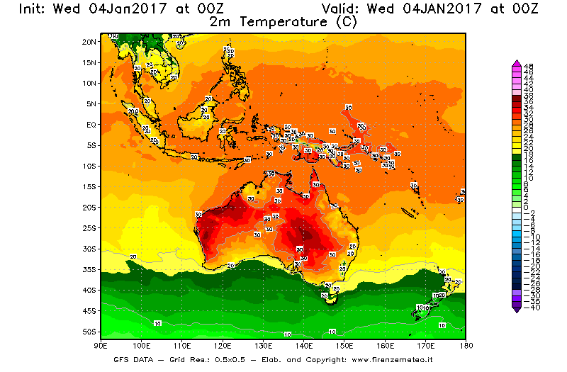Mappa di analisi GFS - Temperatura a 2 metri dal suolo [°C] in Oceania
							del 04/01/2017 00 <!--googleoff: index-->UTC<!--googleon: index-->