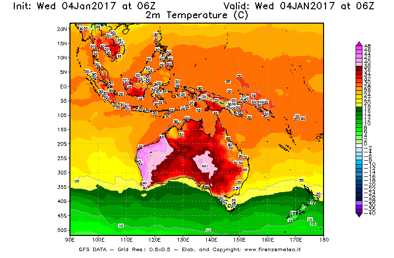 Mappa di analisi GFS - Temperatura a 2 metri dal suolo [°C] in Oceania
							del 04/01/2017 06 <!--googleoff: index-->UTC<!--googleon: index-->
