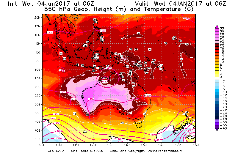 Mappa di analisi GFS - Geopotenziale [m] e Temperatura [°C] a 850 hPa in Oceania
							del 04/01/2017 06 <!--googleoff: index-->UTC<!--googleon: index-->