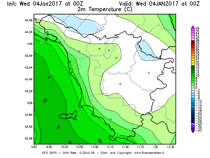 Mappa di analisi GFS - Temperatura a 2 metri dal suolo [°C] in Toscana
							del 04/01/2017 00 <!--googleoff: index-->UTC<!--googleon: index-->