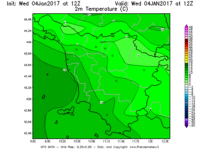 Mappa di analisi GFS - Temperatura a 2 metri dal suolo [°C] in Toscana
									del 04/01/2017 12 <!--googleoff: index-->UTC<!--googleon: index-->