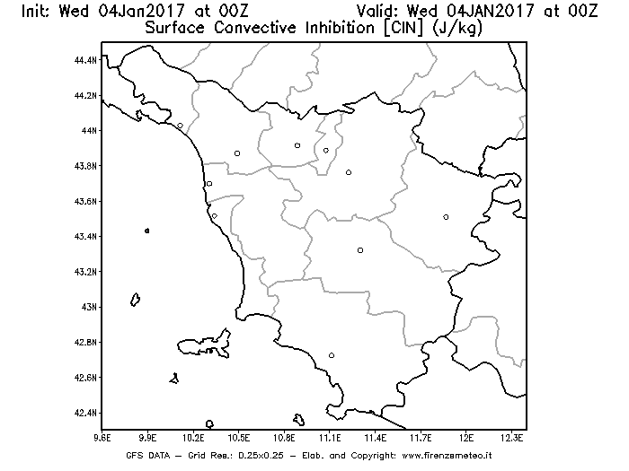 Mappa di analisi GFS - CIN [J/kg] in Toscana
									del 04/01/2017 00 <!--googleoff: index-->UTC<!--googleon: index-->