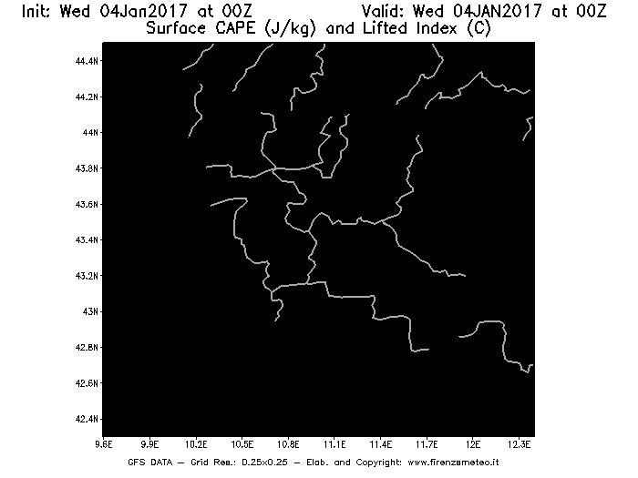 Mappa di analisi GFS - CAPE [J/kg] e Lifted Index [°C] in Toscana
									del 04/01/2017 00 <!--googleoff: index-->UTC<!--googleon: index-->