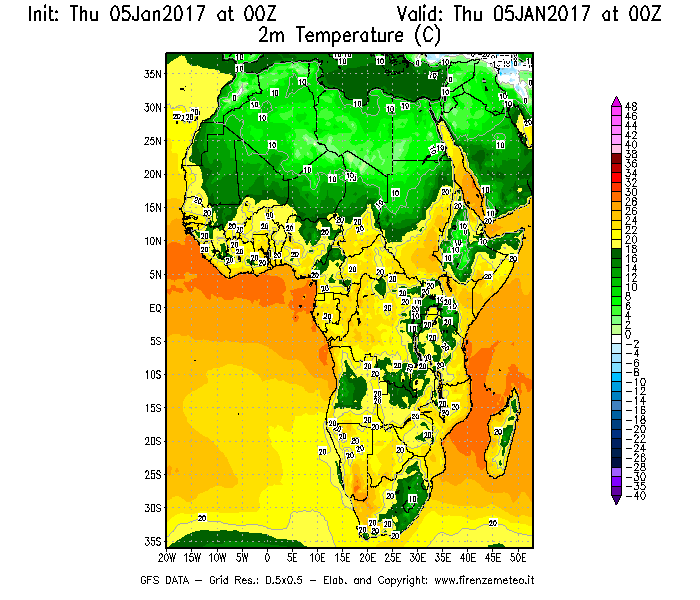 Mappa di analisi GFS - Temperatura a 2 metri dal suolo [°C] in Africa
									del 05/01/2017 00 <!--googleoff: index-->UTC<!--googleon: index-->