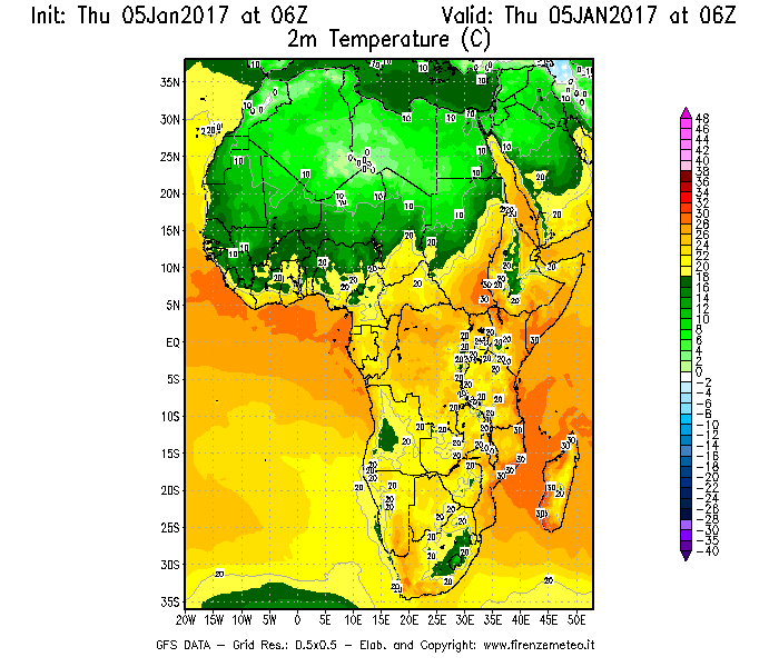 Mappa di analisi GFS - Temperatura a 2 metri dal suolo [°C] in Africa
							del 05/01/2017 06 <!--googleoff: index-->UTC<!--googleon: index-->