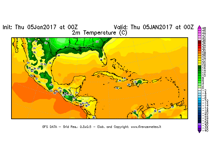 Mappa di analisi GFS - Temperatura a 2 metri dal suolo [°C] in Centro-America
									del 05/01/2017 00 <!--googleoff: index-->UTC<!--googleon: index-->
