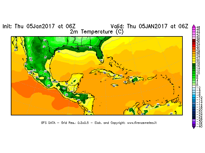 Mappa di analisi GFS - Temperatura a 2 metri dal suolo [°C] in Centro-America
							del 05/01/2017 06 <!--googleoff: index-->UTC<!--googleon: index-->
