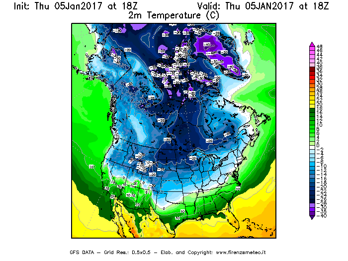 Mappa di analisi GFS - Temperatura a 2 metri dal suolo [°C] in Nord-America
							del 05/01/2017 18 <!--googleoff: index-->UTC<!--googleon: index-->