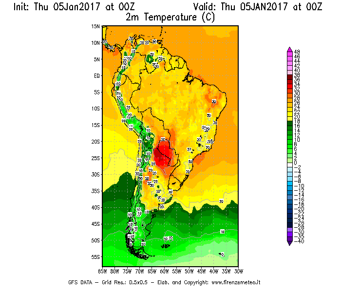 Mappa di analisi GFS - Temperatura a 2 metri dal suolo [°C] in Sud-America
							del 05/01/2017 00 <!--googleoff: index-->UTC<!--googleon: index-->