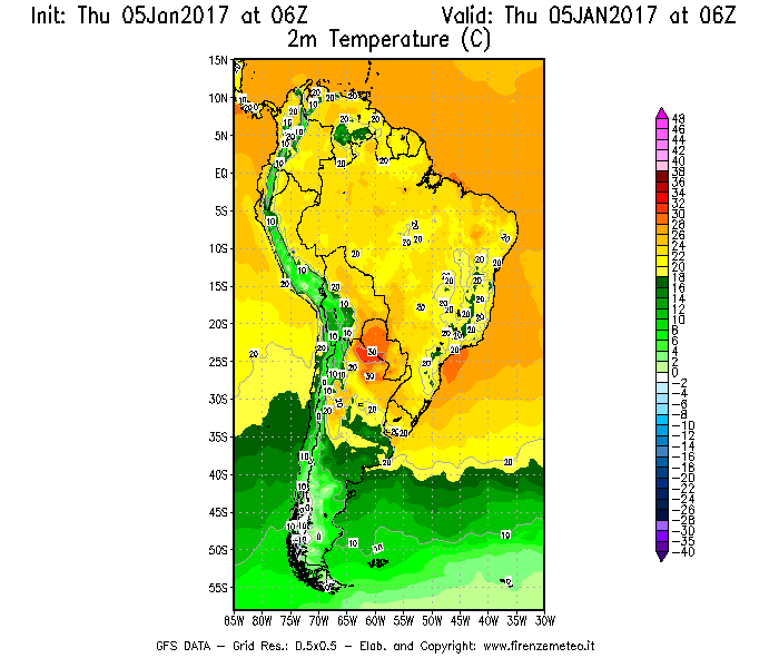 Mappa di analisi GFS - Temperatura a 2 metri dal suolo [°C] in Sud-America
							del 05/01/2017 06 <!--googleoff: index-->UTC<!--googleon: index-->