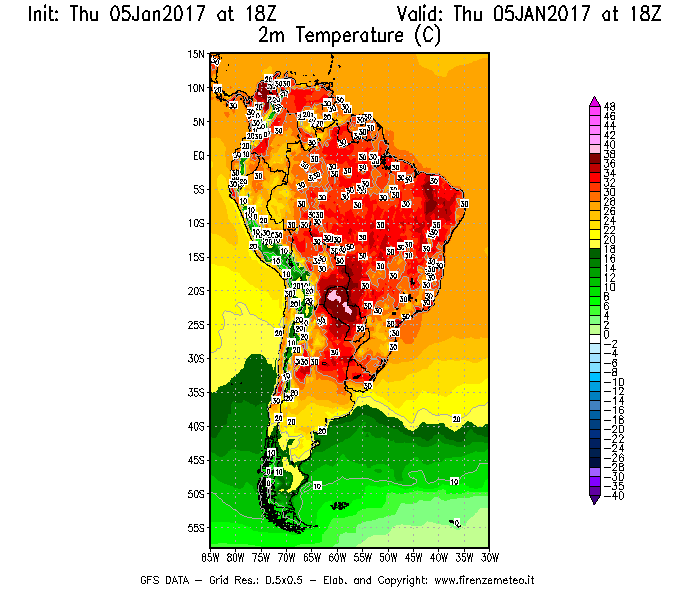 Mappa di analisi GFS - Temperatura a 2 metri dal suolo [°C] in Sud-America
							del 05/01/2017 18 <!--googleoff: index-->UTC<!--googleon: index-->