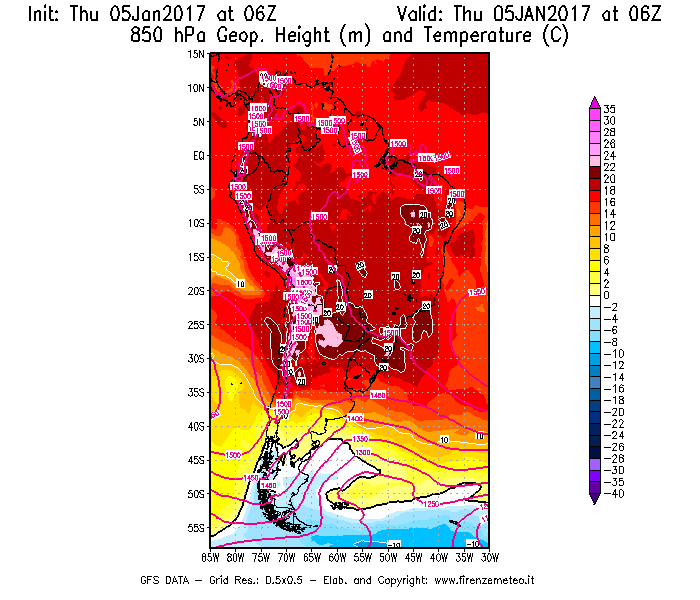 Mappa di analisi GFS - Geopotenziale [m] e Temperatura [°C] a 850 hPa in Sud-America
							del 05/01/2017 06 <!--googleoff: index-->UTC<!--googleon: index-->