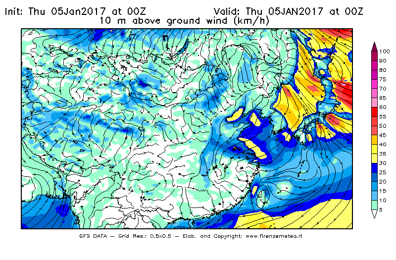 Mappa di analisi GFS - Velocità del vento a 10 metri dal suolo [km/h] in Asia Orientale
							del 05/01/2017 00 <!--googleoff: index-->UTC<!--googleon: index-->