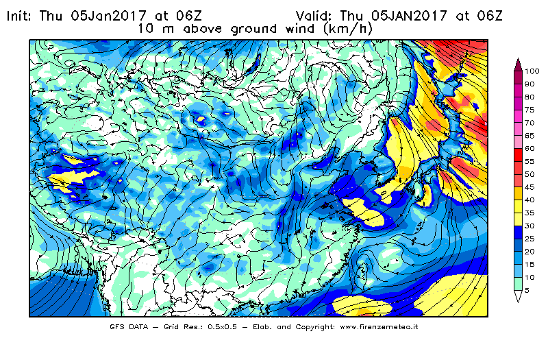 Mappa di analisi GFS - Velocità del vento a 10 metri dal suolo [km/h] in Asia Orientale
									del 05/01/2017 06 <!--googleoff: index-->UTC<!--googleon: index-->