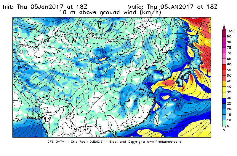 Mappa di analisi GFS - Velocità del vento a 10 metri dal suolo [km/h] in Asia Orientale
							del 05/01/2017 18 <!--googleoff: index-->UTC<!--googleon: index-->