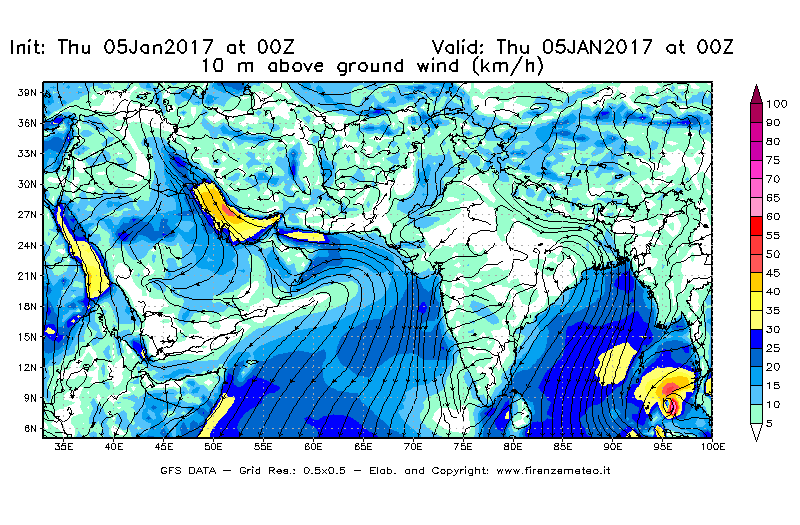 Mappa di analisi GFS - Velocità del vento a 10 metri dal suolo [km/h] in Asia Sud-Occidentale
							del 05/01/2017 00 <!--googleoff: index-->UTC<!--googleon: index-->
