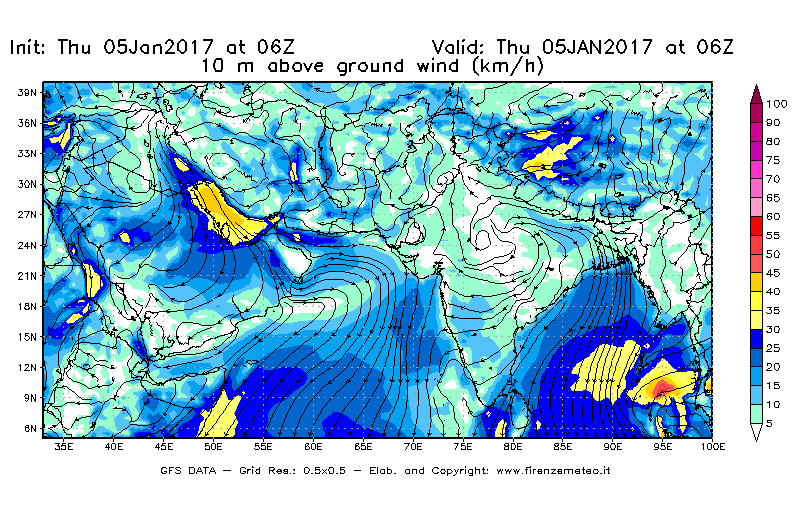 Mappa di analisi GFS - Velocità del vento a 10 metri dal suolo [km/h] in Asia Sud-Occidentale
							del 05/01/2017 06 <!--googleoff: index-->UTC<!--googleon: index-->