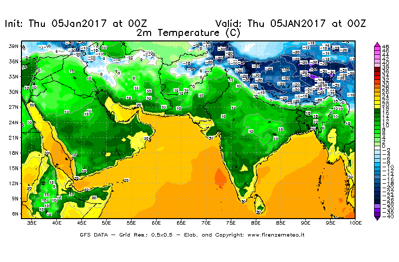 Mappa di analisi GFS - Temperatura a 2 metri dal suolo [°C] in Asia Sud-Occidentale
							del 05/01/2017 00 <!--googleoff: index-->UTC<!--googleon: index-->