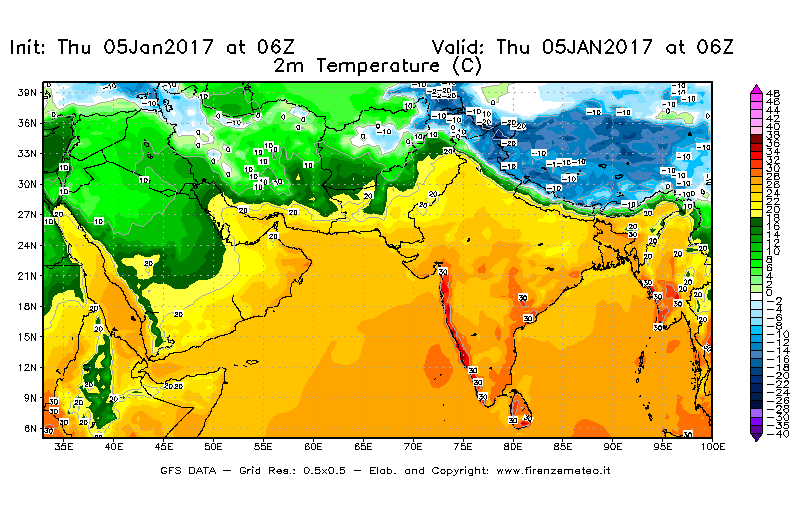 Mappa di analisi GFS - Temperatura a 2 metri dal suolo [°C] in Asia Sud-Occidentale
									del 05/01/2017 06 <!--googleoff: index-->UTC<!--googleon: index-->
