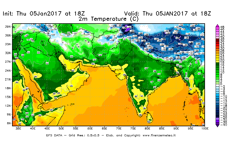 Mappa di analisi GFS - Temperatura a 2 metri dal suolo [°C] in Asia Sud-Occidentale
							del 05/01/2017 18 <!--googleoff: index-->UTC<!--googleon: index-->