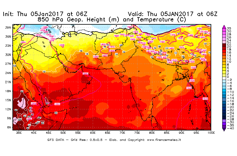 Mappa di analisi GFS - Geopotenziale [m] e Temperatura [°C] a 850 hPa in Asia Sud-Occidentale
							del 05/01/2017 06 <!--googleoff: index-->UTC<!--googleon: index-->