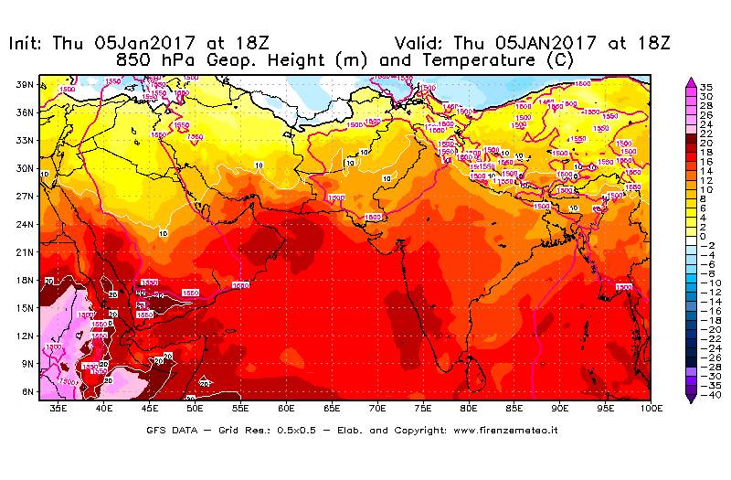 Mappa di analisi GFS - Geopotenziale [m] e Temperatura [°C] a 850 hPa in Asia Sud-Occidentale
									del 05/01/2017 18 <!--googleoff: index-->UTC<!--googleon: index-->