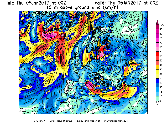 Mappa di analisi GFS - Velocità del vento a 10 metri dal suolo [km/h] in Europa
							del 05/01/2017 00 <!--googleoff: index-->UTC<!--googleon: index-->