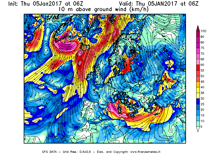 Mappa di analisi GFS - Velocità del vento a 10 metri dal suolo [km/h] in Europa
							del 05/01/2017 06 <!--googleoff: index-->UTC<!--googleon: index-->