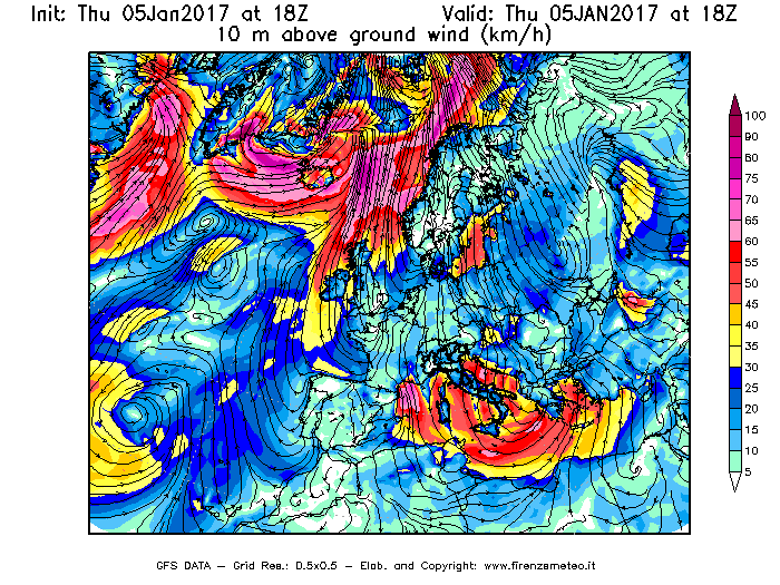 Mappa di analisi GFS - Velocità del vento a 10 metri dal suolo [km/h] in Europa
							del 05/01/2017 18 <!--googleoff: index-->UTC<!--googleon: index-->