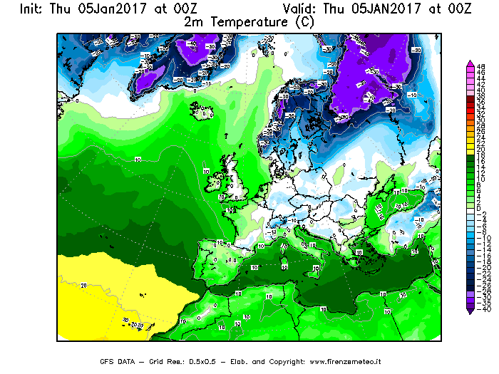 Mappa di analisi GFS - Temperatura a 2 metri dal suolo [°C] in Europa
							del 05/01/2017 00 <!--googleoff: index-->UTC<!--googleon: index-->