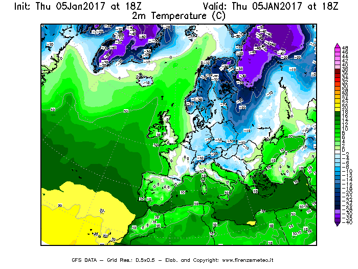 Mappa di analisi GFS - Temperatura a 2 metri dal suolo [°C] in Europa
									del 05/01/2017 18 <!--googleoff: index-->UTC<!--googleon: index-->