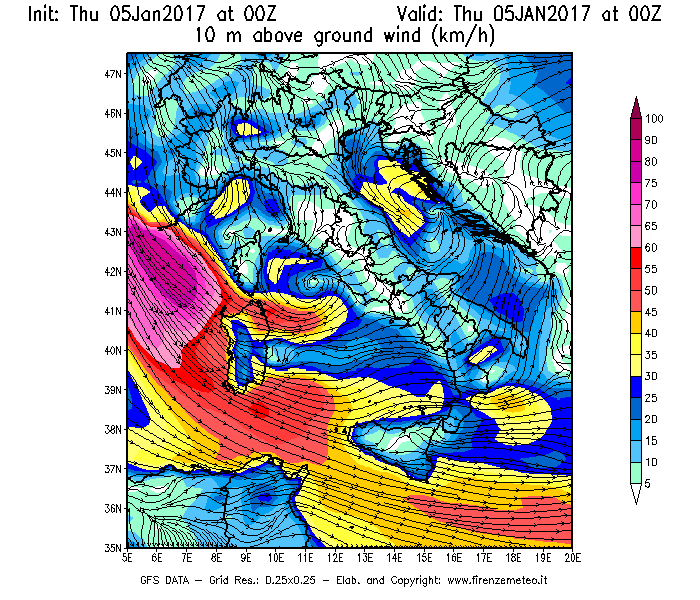 Mappa di analisi GFS - Velocità del vento a 10 metri dal suolo [km/h] in Italia
							del 05/01/2017 00 <!--googleoff: index-->UTC<!--googleon: index-->