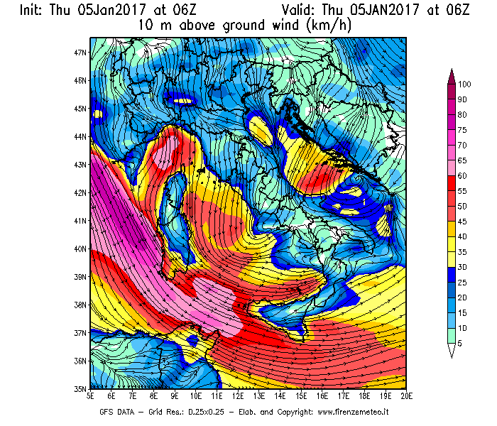 Mappa di analisi GFS - Velocità del vento a 10 metri dal suolo [km/h] in Italia
							del 05/01/2017 06 <!--googleoff: index-->UTC<!--googleon: index-->
