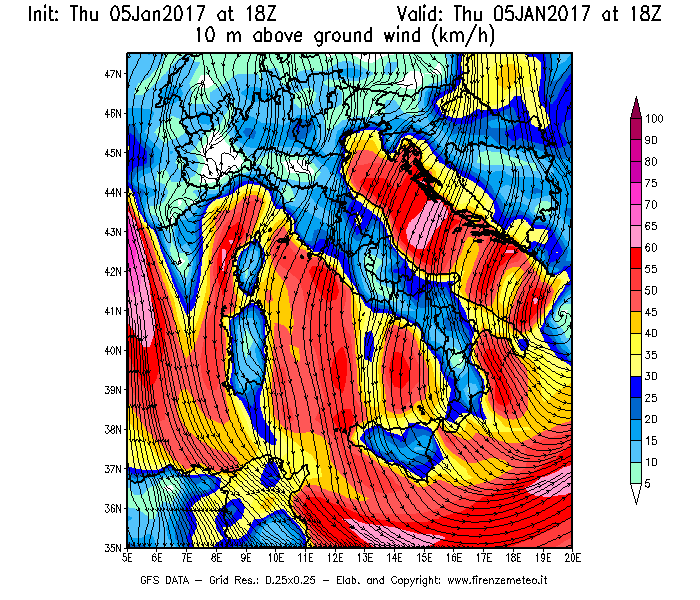 Mappa di analisi GFS - Velocità del vento a 10 metri dal suolo [km/h] in Italia
							del 05/01/2017 18 <!--googleoff: index-->UTC<!--googleon: index-->