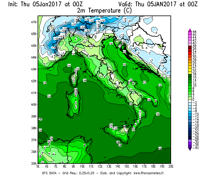 Mappa di analisi GFS - Temperatura a 2 metri dal suolo [°C] in Italia
							del 05/01/2017 00 <!--googleoff: index-->UTC<!--googleon: index-->
