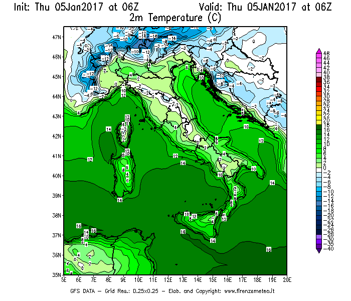 Mappa di analisi GFS - Temperatura a 2 metri dal suolo [°C] in Italia
							del 05/01/2017 06 <!--googleoff: index-->UTC<!--googleon: index-->