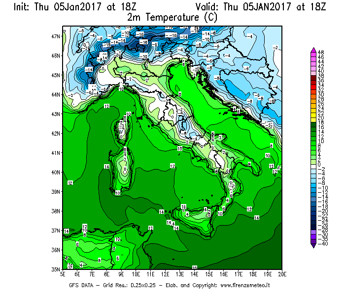 Mappa di analisi GFS - Temperatura a 2 metri dal suolo [°C] in Italia
							del 05/01/2017 18 <!--googleoff: index-->UTC<!--googleon: index-->