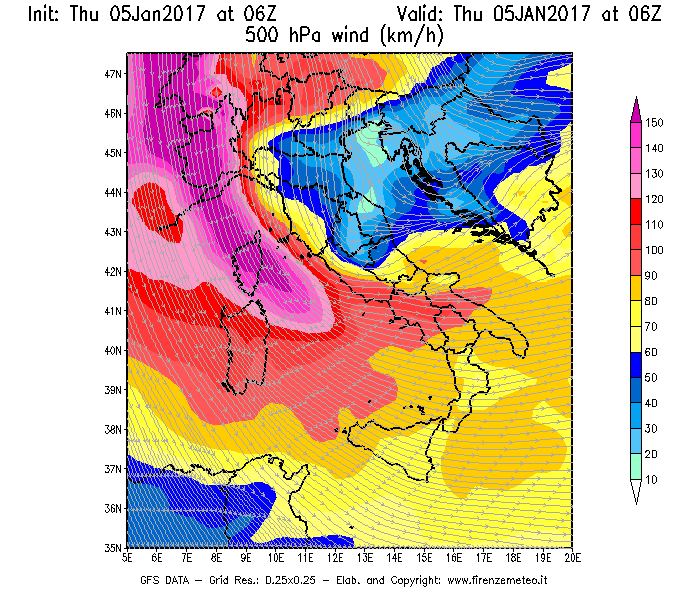 Mappa di analisi GFS - Velocità del vento a 500 hPa [km/h] in Italia
									del 05/01/2017 06 <!--googleoff: index-->UTC<!--googleon: index-->