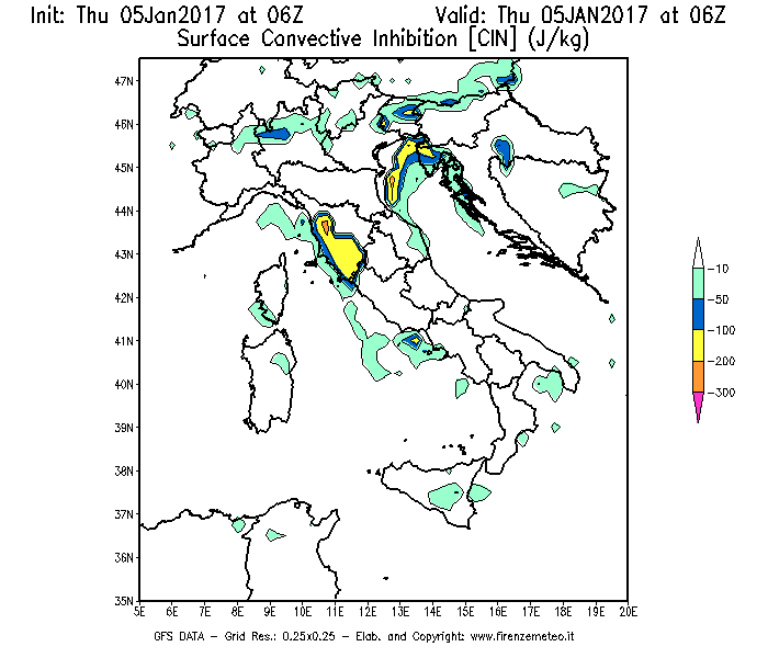 Mappa di analisi GFS - CIN [J/kg] in Italia
							del 05/01/2017 06 <!--googleoff: index-->UTC<!--googleon: index-->