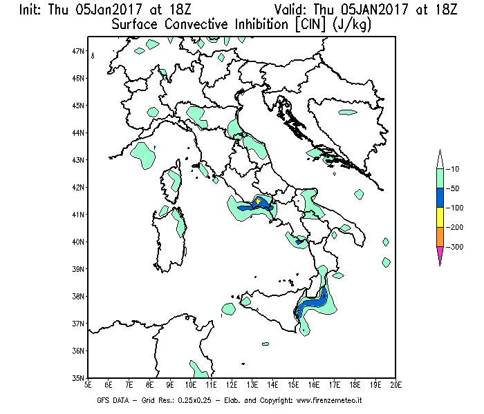 Mappa di analisi GFS - CIN [J/kg] in Italia
							del 05/01/2017 18 <!--googleoff: index-->UTC<!--googleon: index-->